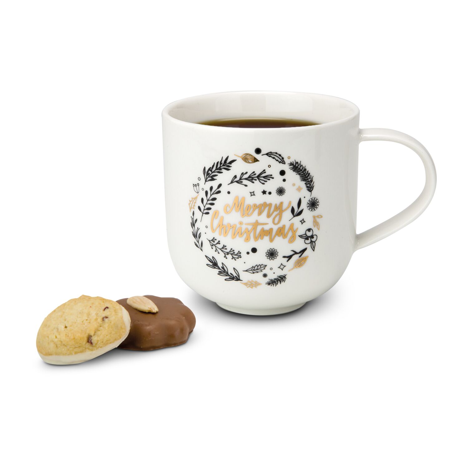 Henkelbecher (350 ml) aus Porzellan mit goldener Merry Christmas Aufschrift. Begleiter, der schnell zur „Lieblingstasse” wird (Porzellan)