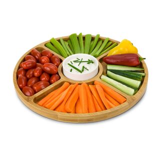 Großer runder Servierteller aus Bambus, mit Dipschälchen aus Keramik, praktische Unterteilung in 4 Snackfächer (Bambus, Keramik)