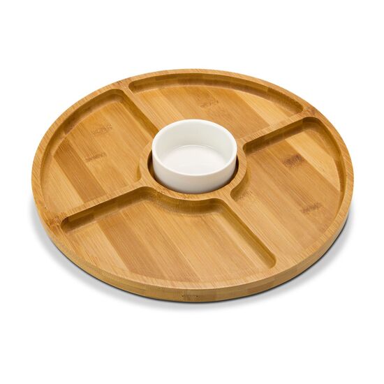 Großer runder Servierteller aus Bambus, mit Dipschälchen aus Keramik, praktische Unterteilung in 4 Snackfächer (Bambus, Keramik)