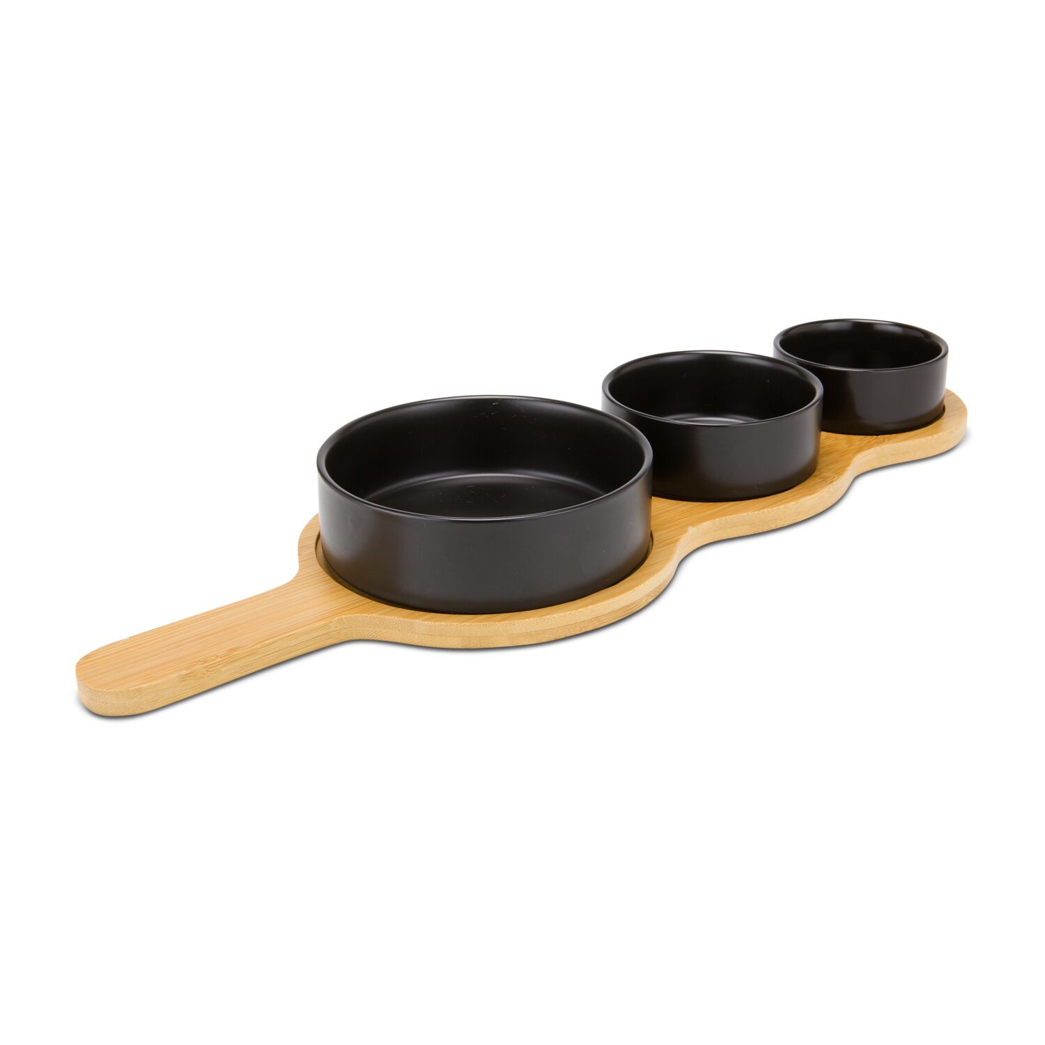 4-teiliges Servier-Set, 3 schwarzen Keramikschälchen und Bambusbrett mit praktischem Griff, Vertiefungen für besseren Halt (Bambus, Keramik)