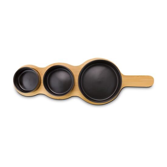 4-teiliges Servier-Set, 3 schwarzen Keramikschälchen und Bambusbrett mit praktischem Griff, Vertiefungen für besseren Halt (Bambus, Keramik)