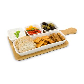 5-teiliges Servier-Set, 4 Keramikschälchen und Bambusbrett mit praktischem Griff, Vertiefungen für besseren Halt (Bambus, Keramik)