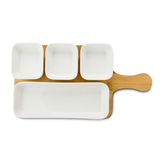 5-teiliges Servier-Set, 4 Keramikschälchen und Bambusbrett mit praktischem Griff, Vertiefungen für besseren Halt (Bambus, Keramik)