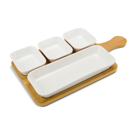5-teiliges Servier-Set, 4 Keramikschälchen und Bambusbrett mit praktischem Griff, Vertiefungen für besseren Halt (Bambus, Keramik)