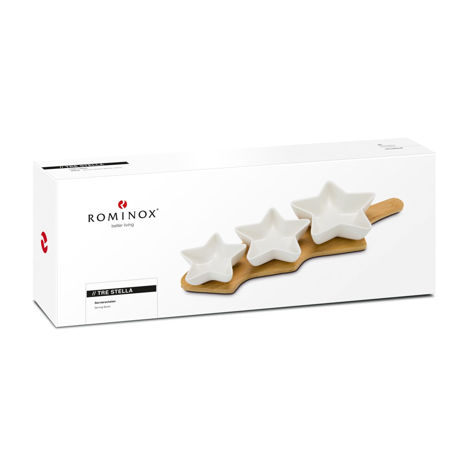 Servierschalen-Set im festlichen Stern-Design, 3 Keramikschälchen, Bambusbrett mit Griff, Vertiefungen für besseren Halt (Bambus, Keramik)