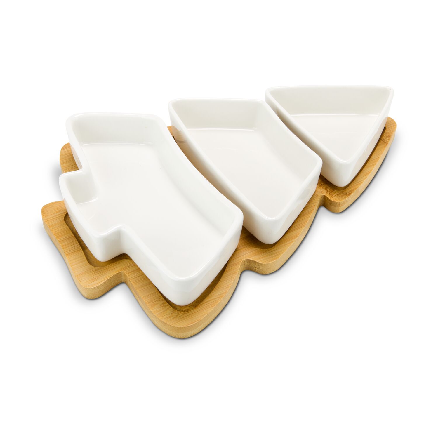Servierschalen-Set in Tannenbaumform, 3 Keramikschälchen und Bambusbrett, eingelassene Vertiefungen für besseren Halt (Bambus, Keramik)