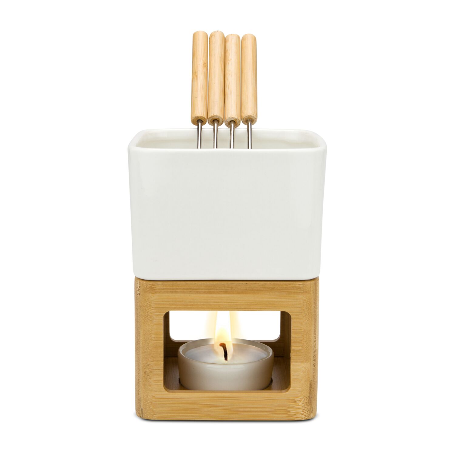 Fondueset bestehend aus Topf, Stövchen mit Teelichthalterung, 4 Piksern in verschiedenen Grautönen (Keramik, Holz, Edelstahl, ohne Teelicht)