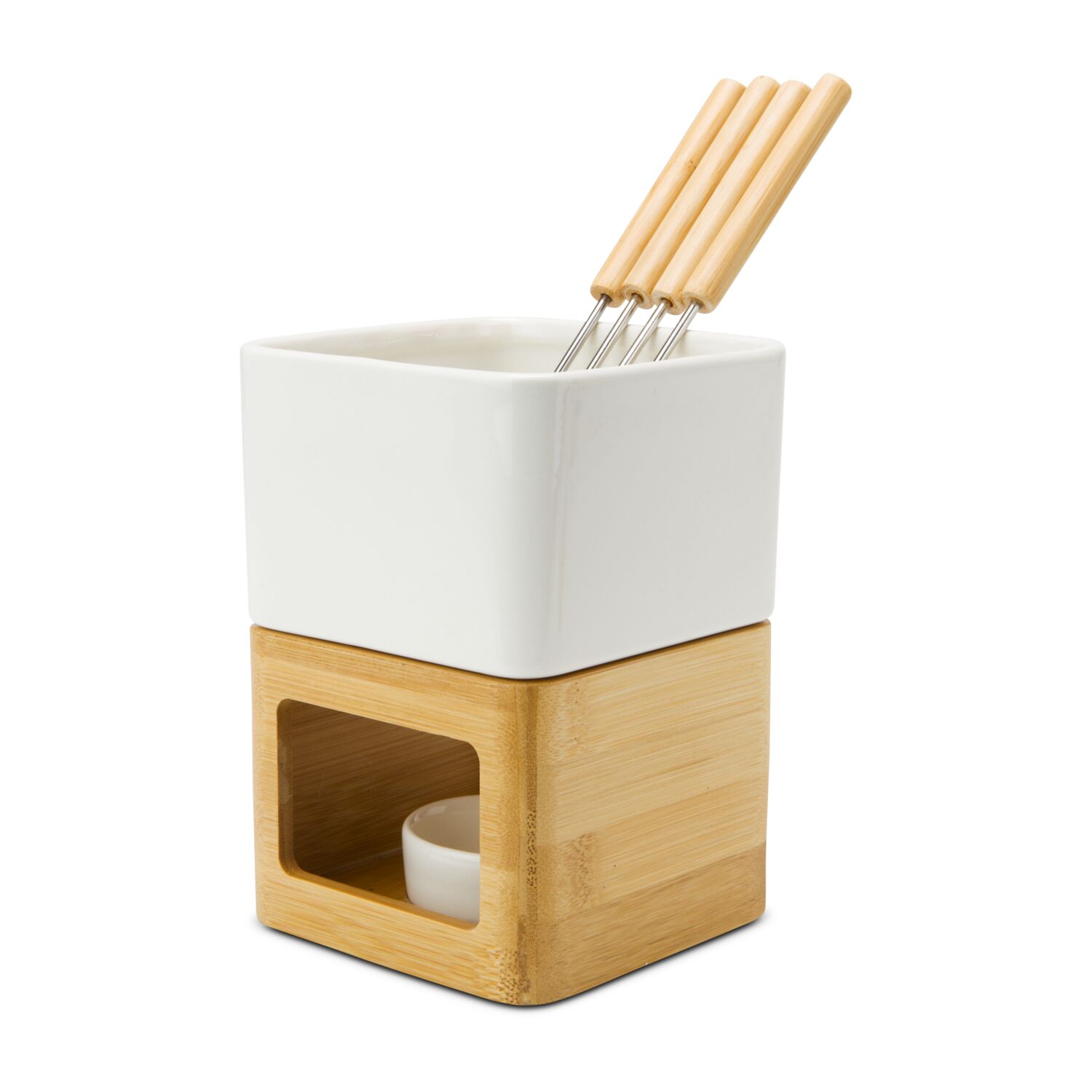 Fondueset bestehend aus Topf, Stövchen mit Teelichthalterung, 4 Piksern in verschiedenen Grautönen (Keramik, Holz, Edelstahl, ohne Teelicht)