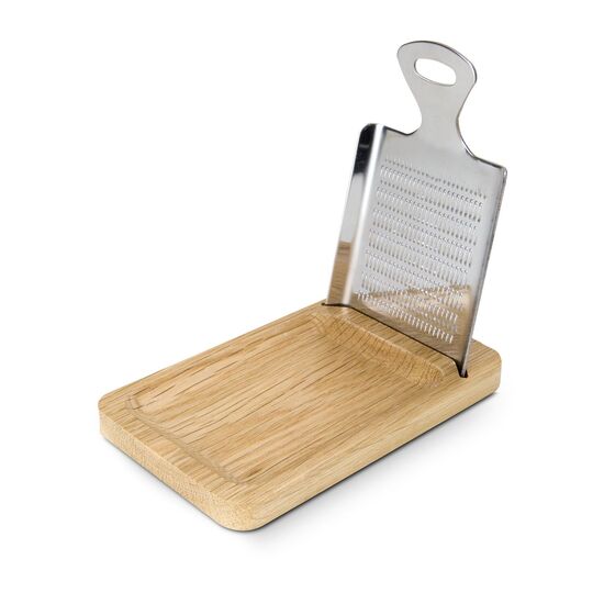 Edelstahlreibe mit Ständer aus Eichenholz, integrierte Ablage für Gewürze, zum Reiben von Salzsteinen und Gewürzen (Edelstahl, Eichenholz)