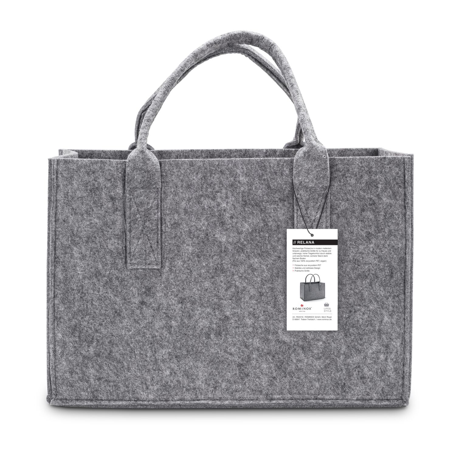 Hochwertige Filztasche in modern meliertem Grauton, praktische Größe für zuhause und unterwegs, hoher Tragekomfort durch stabile und weiche Henkel, sicherer Stand dank flachem Boden