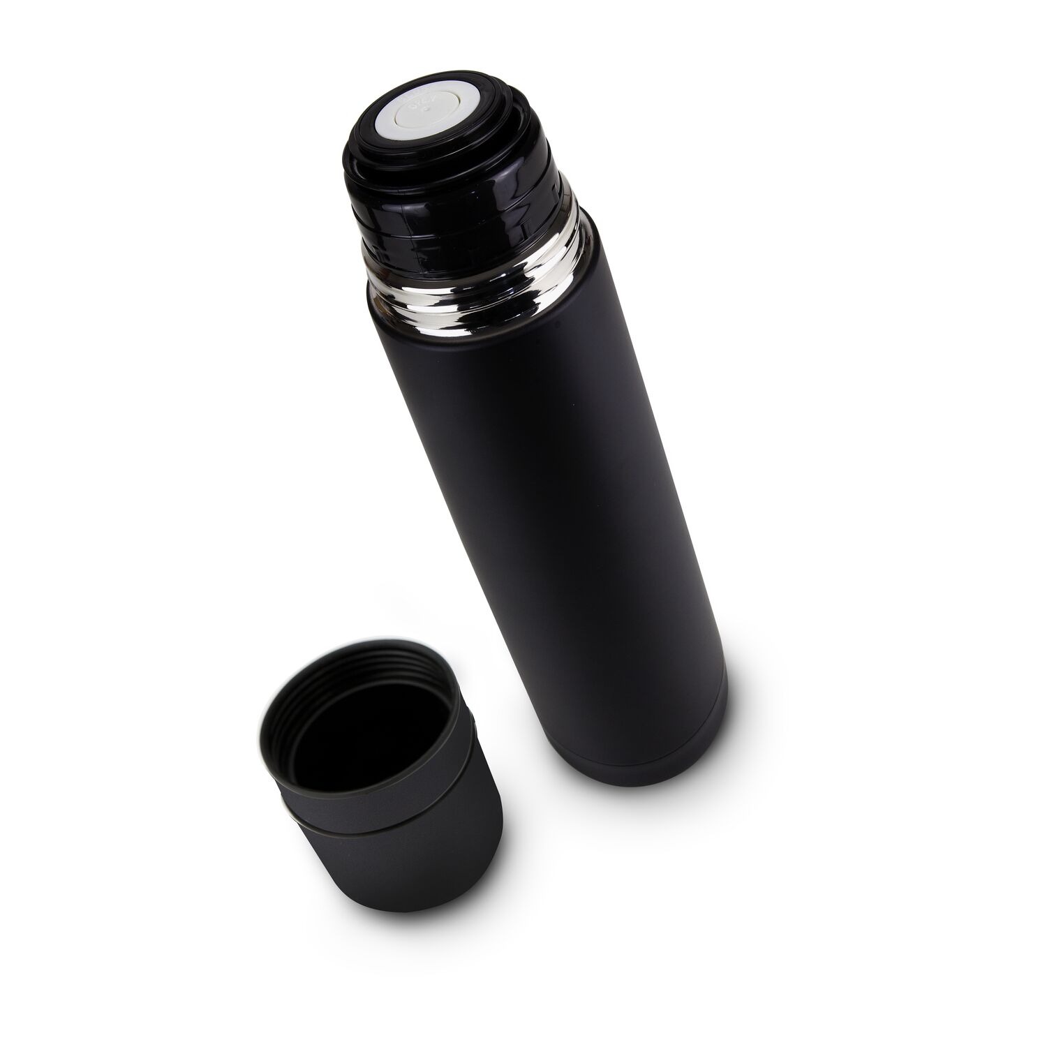 Elegante Isolierkanne in Schwarz, Drehverschluss mit Drucköffnung, integrierter Zweitbecher, 750 ml (Edelstahl, Kunststoff)