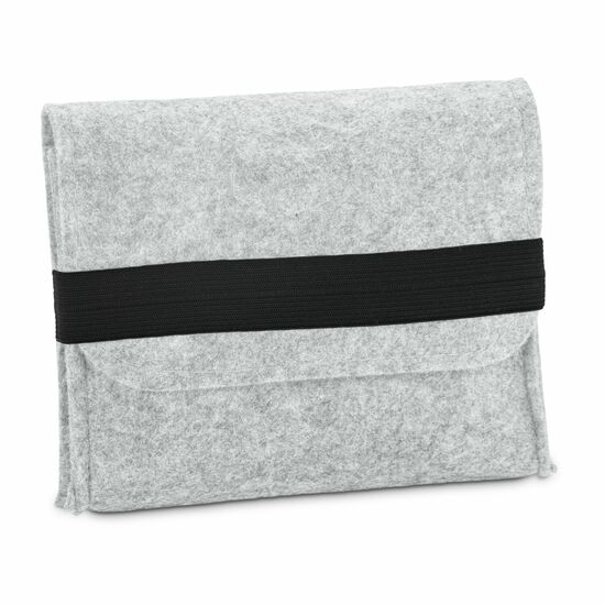 Hochwertige Filztasche als moderner Organizer mit Gummiverschluss, stilvoll meliertes Hellgrau, handliches, praktisches Design, ideal zur Aufbewahrung von Kabeln, externen Festplatten, USB-Sticks oder anderen Kleinigkeiten