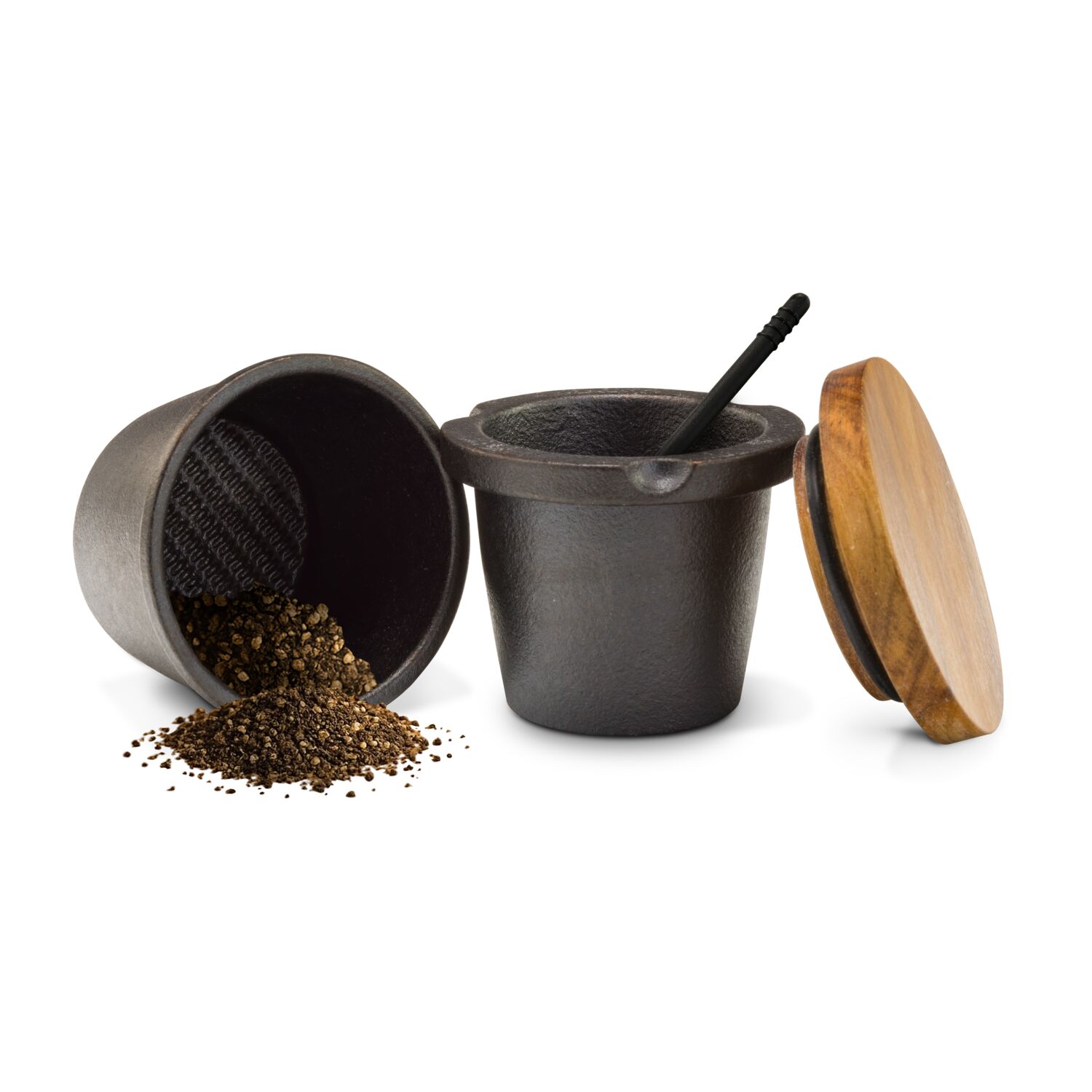 Gusseiserner Grinder, Reibe mit Bodenriffelung, inklusive Pinsel, mit Deckel und Dichtungsring (Gusseisen, Akazienholz, Kunststoff)