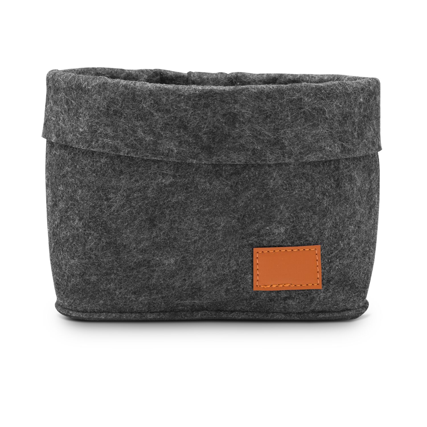 Filzkorb in Anthrazit, mit Krempe und aufgenähtem Badge in Lederoptik