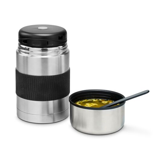 Foodcontainer mit Dichtungsring, Kapazität von 750 ml, inklusive Löffel und Halteriemen (Edelstahl, Kunststoff, Silikon)