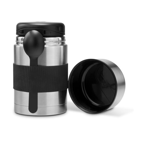 Foodcontainer mit Dichtungsring, Kapazität von 750 ml, inklusive Löffel und Halteriemen (Edelstahl, Kunststoff, Silikon)