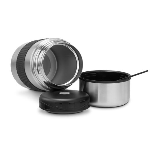 Foodcontainer mit Dichtungsring, Kapazität von 750 ml, inklusive Löffel und Halteriemen (Edelstahl, Kunststoff, Silikon)